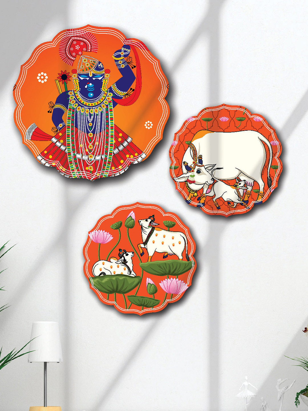 SAF orange 3 Pieces Shree Nath Ji And Pichwai MDF Painting Wall Art