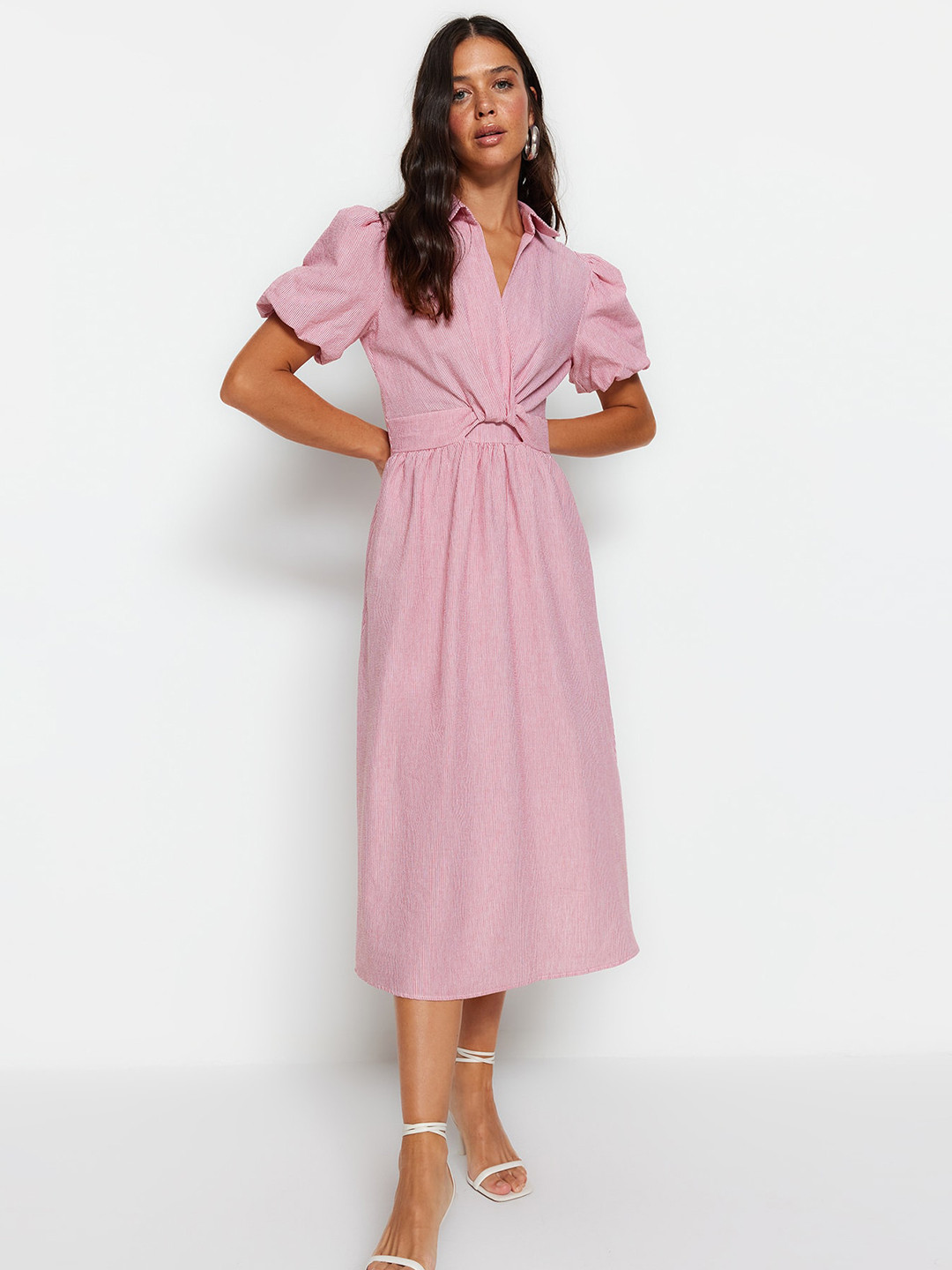 Trendyol Striped Shirt Collar Front Twist Knot Pure Cotton Midi Dress