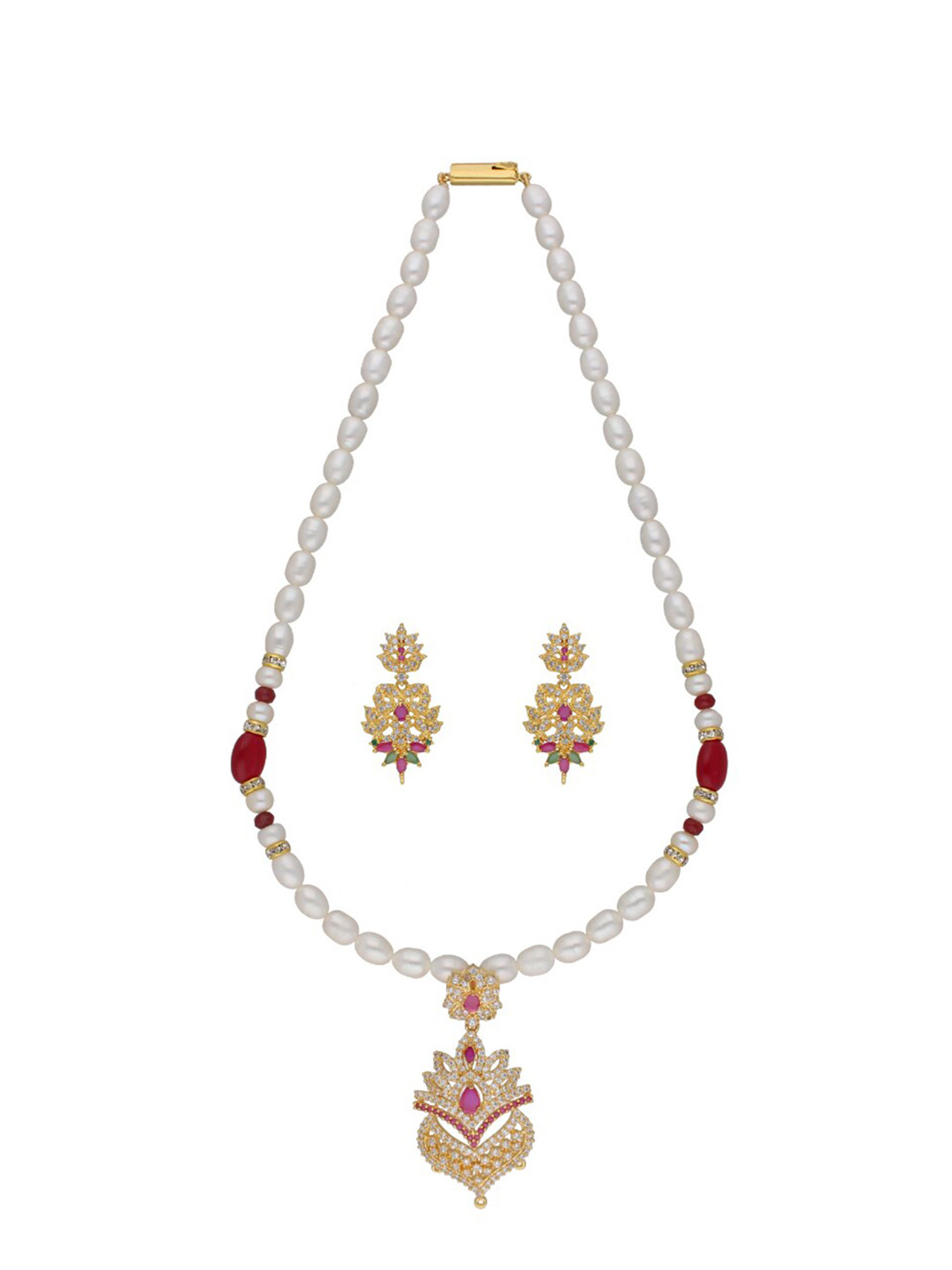 Sri Jagdamba Pearls Dealer Gold-Plated Stone Studded & Pearl Beaded Jewellery Set