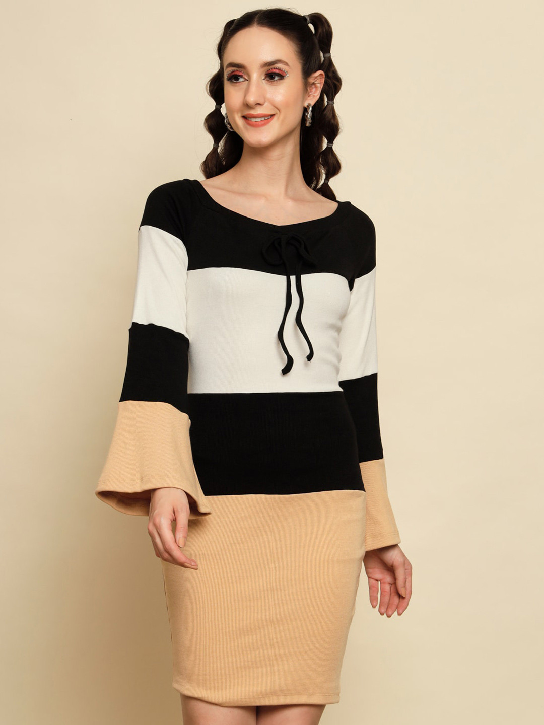 BAESD Colourblocked Bell Sleeve Sheath Dress