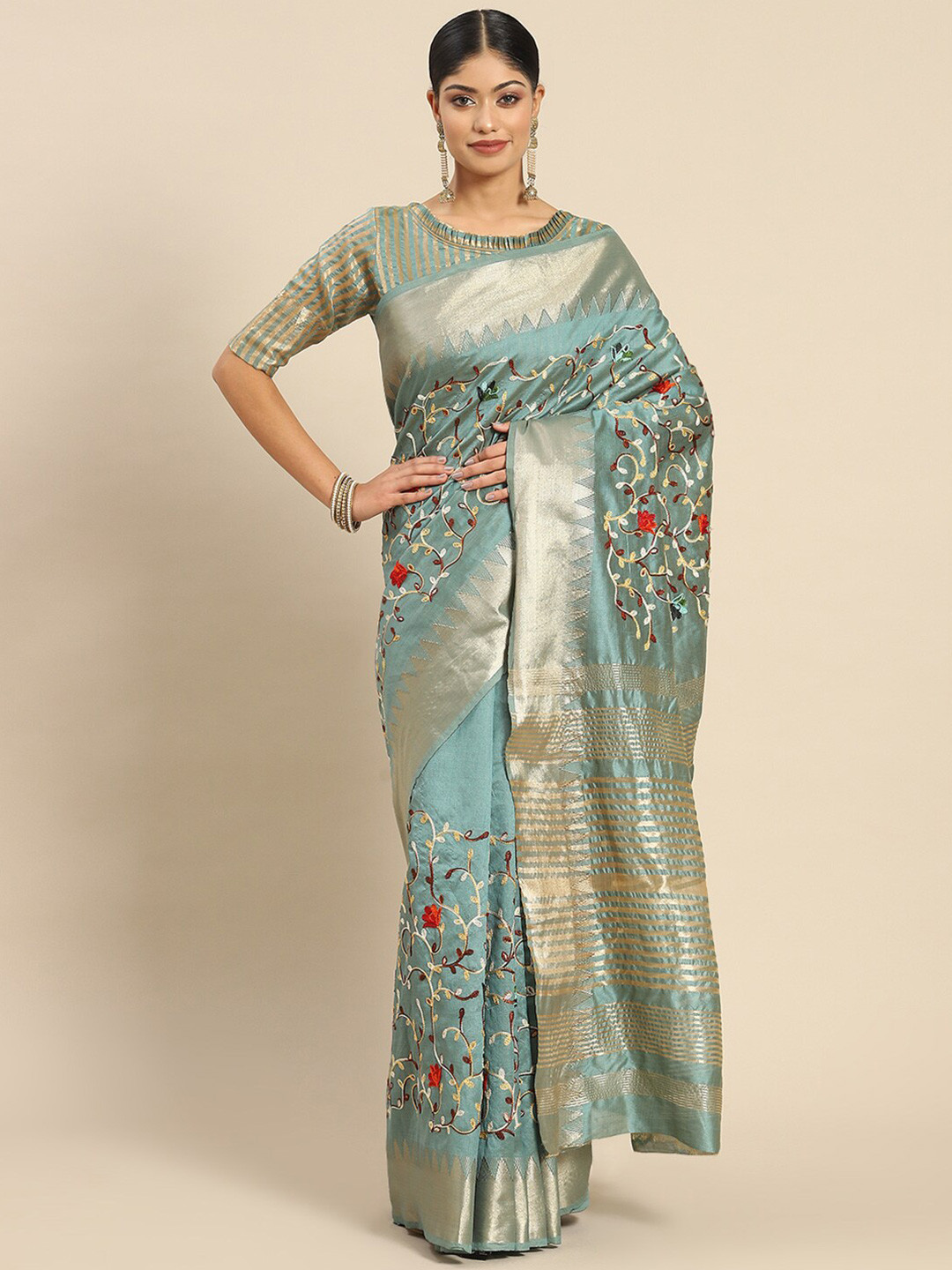 Mitera Turquoise Floral Embroidered Silk Cotton Saree