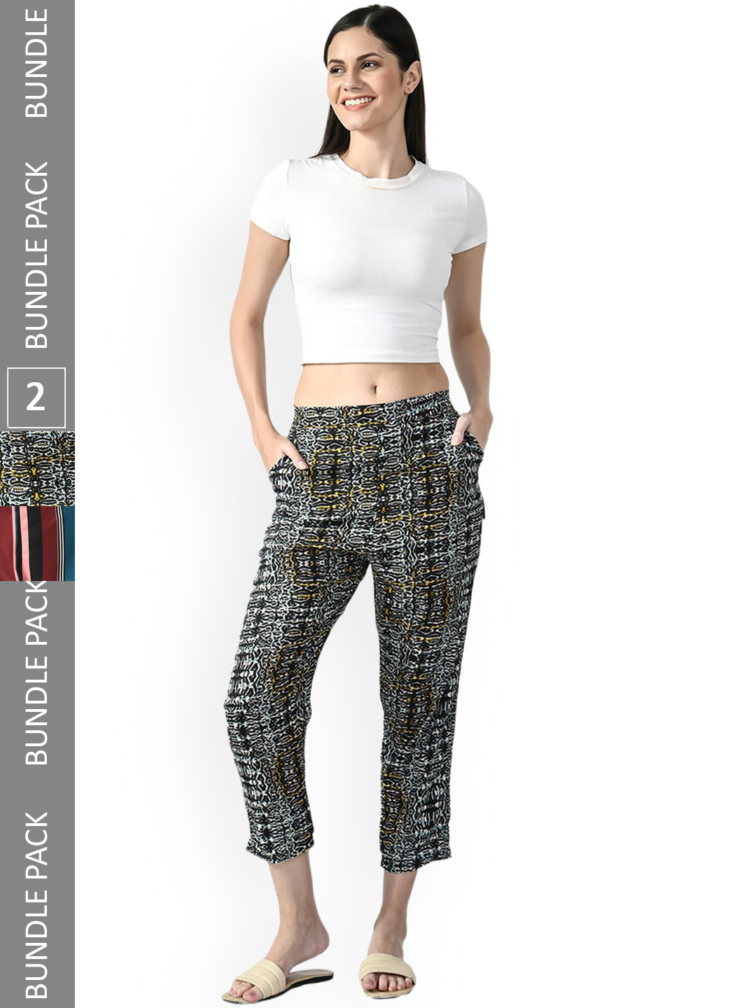 IndiWeaves Women Relaxed Straight Leg Pack of 2 High-Rise Striped Straight Fit Trousers
