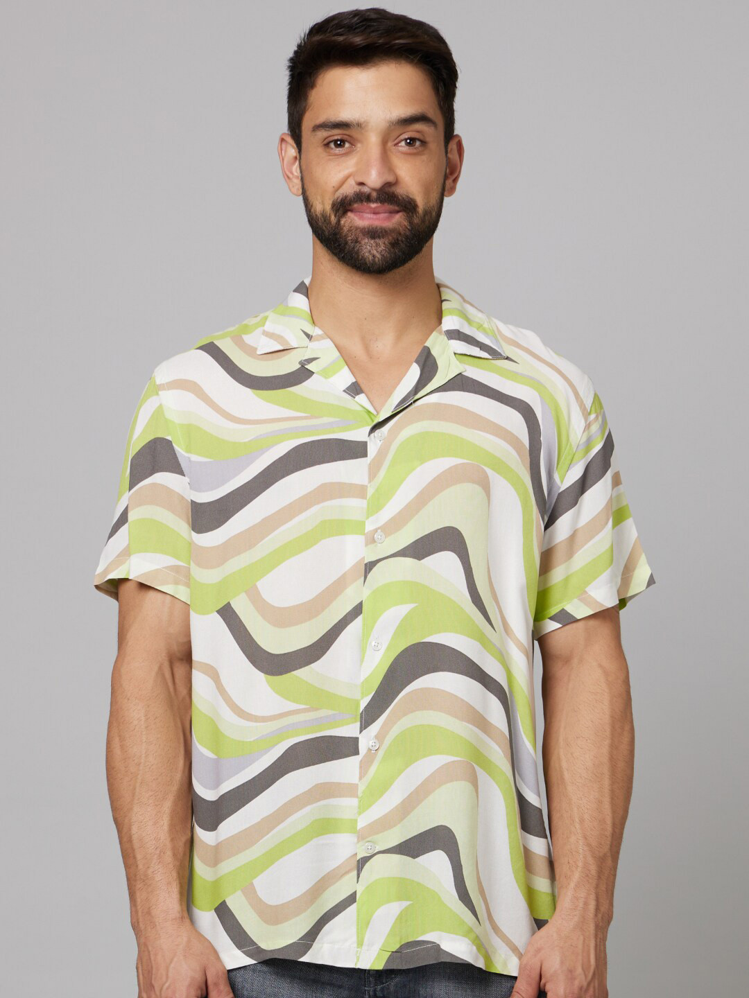 Celio Abstract Printed Classic Cuban Collar Cotton Casual Shirt