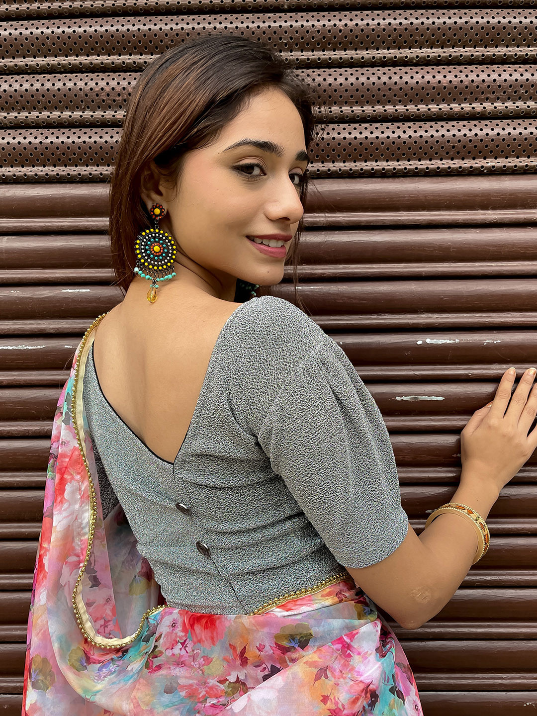 Bindigasm's Advi Pleated Button Fancy Back with Puff Sleeves Saree Blouse