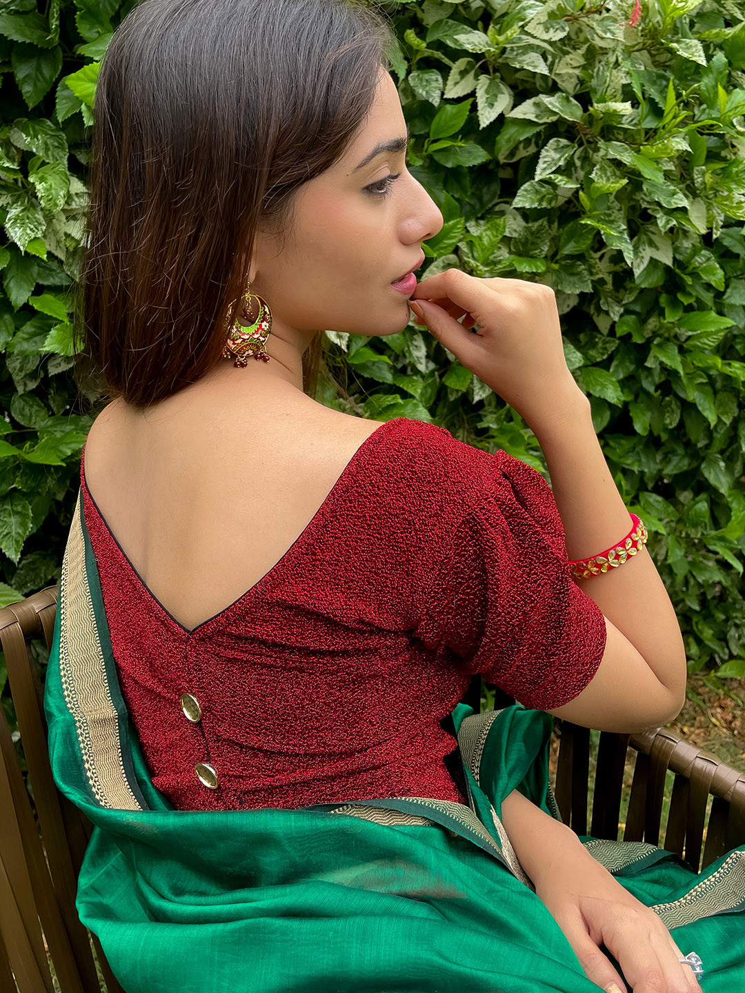 Bindigasm's Advi Pleated Button Fancy Back with Puff Sleeves Saree Blouse