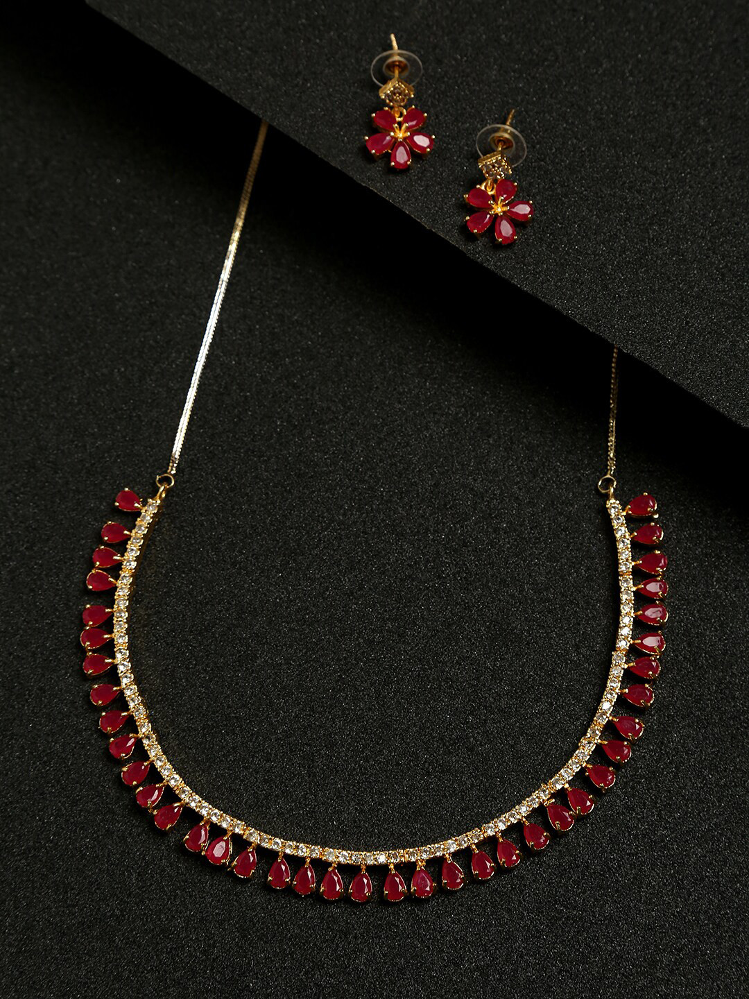 Anouk Gold-Plated Red American Diamond Studded Necklace & Earring