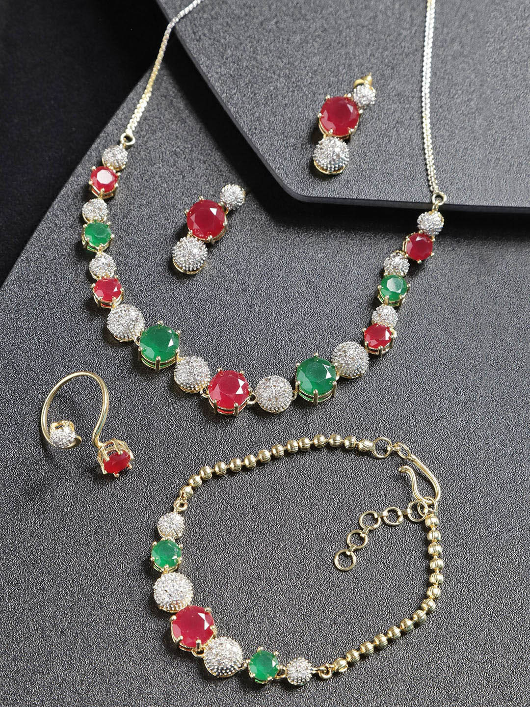 Anouk Gold-Plated Green & Pink Stone-Studded Necklace With Earring, Bracelete & Ring