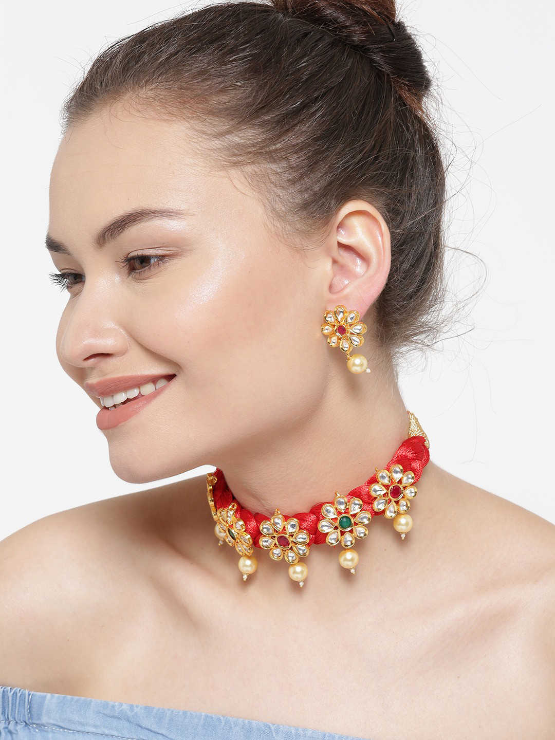 Anouk Red Stone-Studded Braided Necklace & Earring