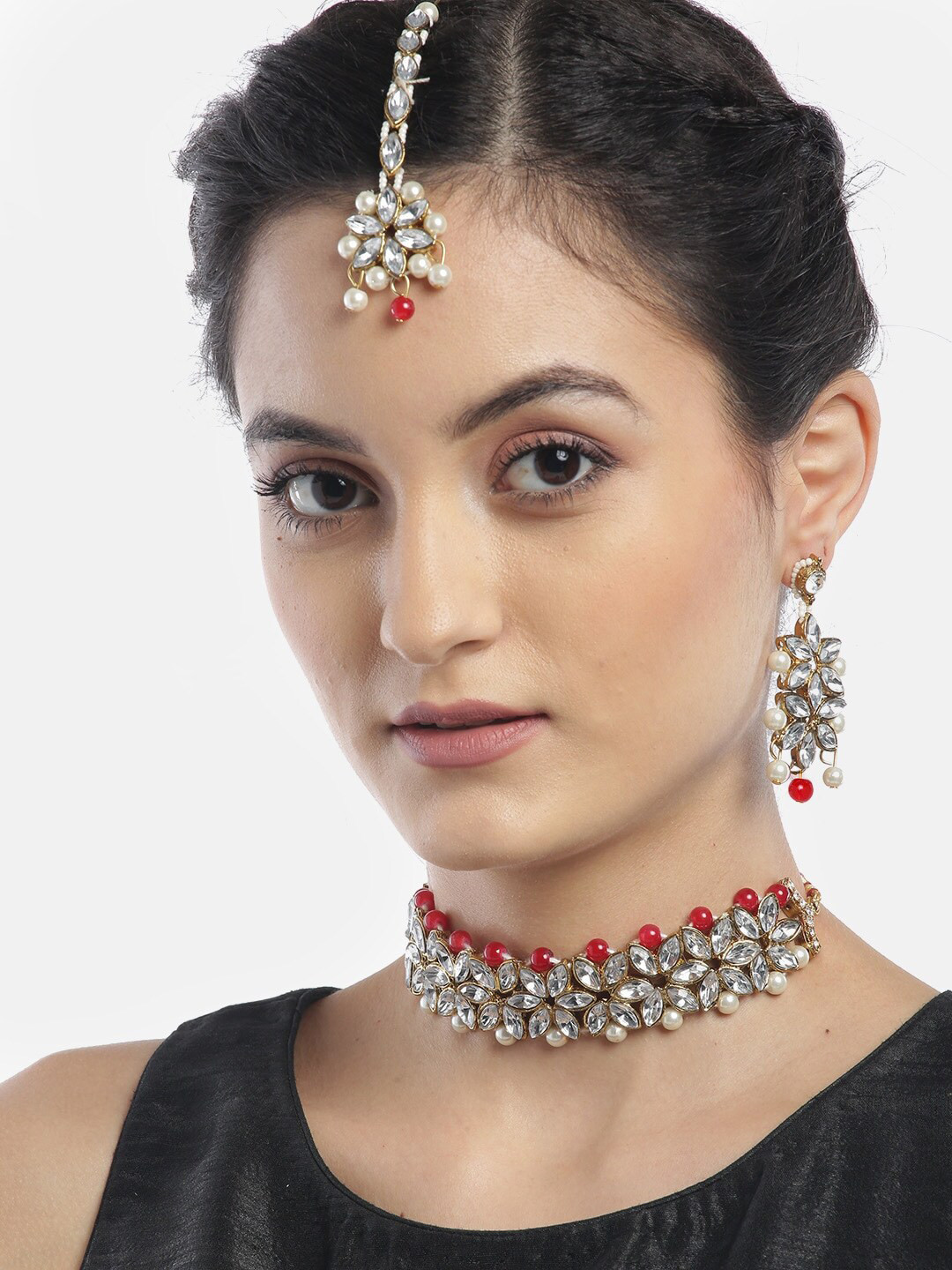 Anouk Gold-Plated & Red Stone Studded & Beaded Necklace & Earrings