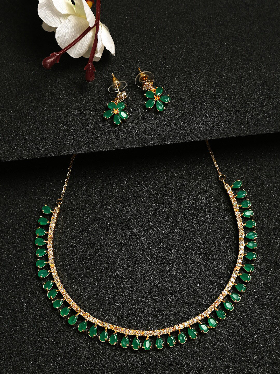 Anouk Gold-Plated & Green AD-Studded Necklace & Earrings