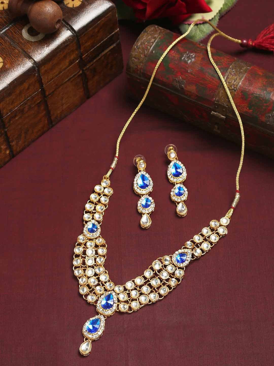 Anouk Gold-Plated& Blue Stone Studded Necklace & Earrings