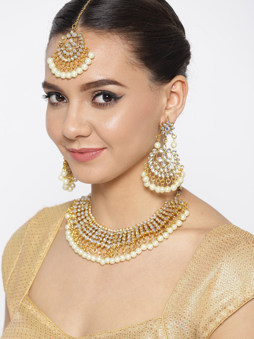 Anouk Gold-Plated & Cream Stone Studded & Beaded Necklace & Earrings