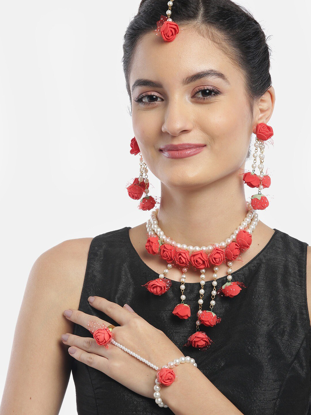 Anouk Red Beaded Floral Necklace & Earrings With Maang Tika Ring Bracelet