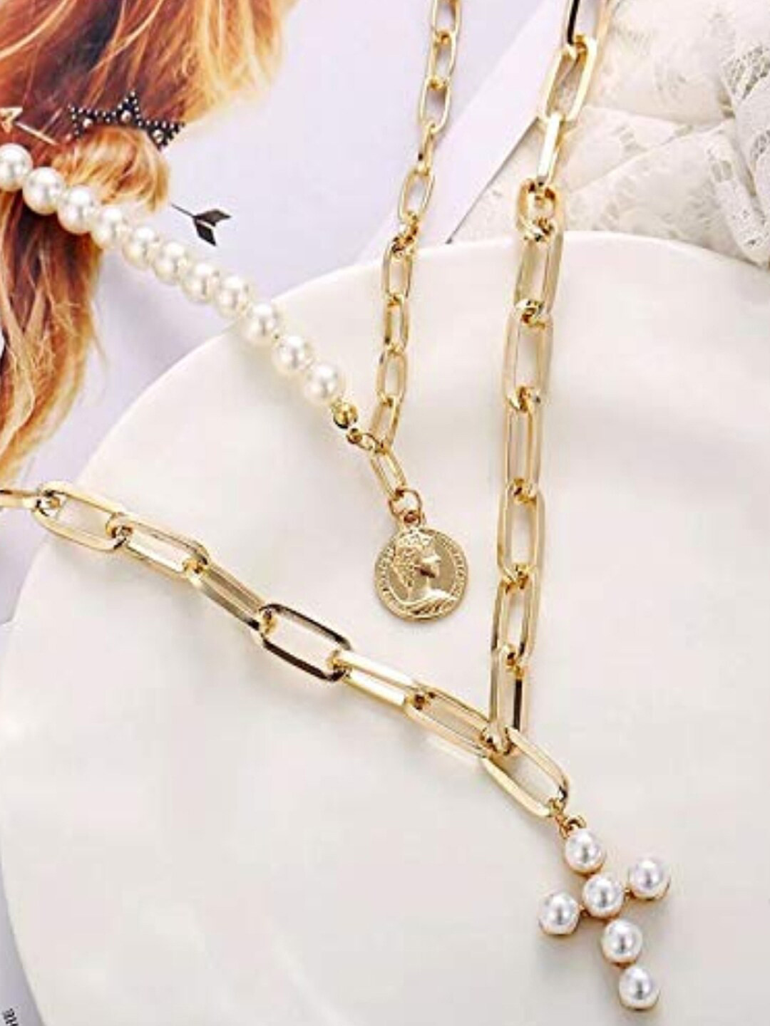 DressBerry White Gold-Plated Beaded Layered Necklace