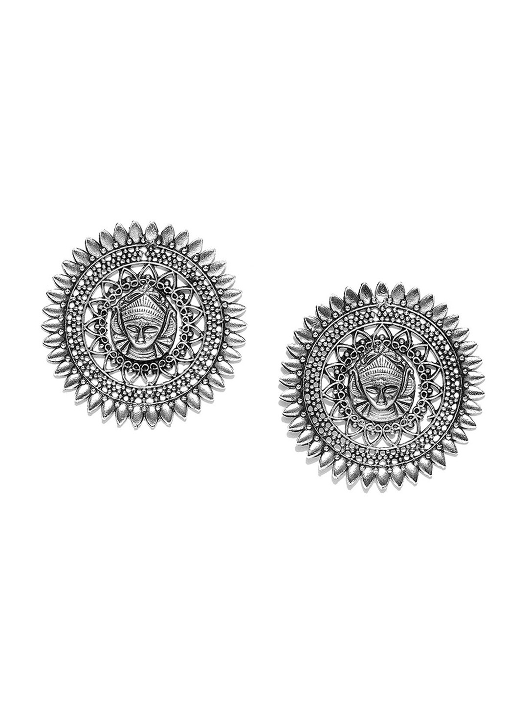 Sangria Silver-Plated Oxidised Textured Temple Oversized Stud Earrings