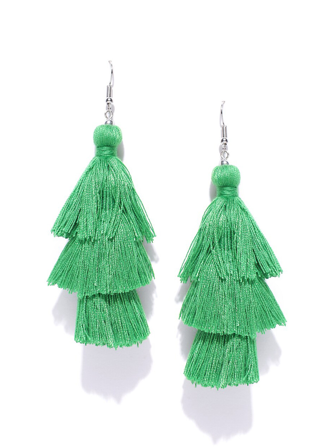 Sangria Silver-Plated & Green Tasseled Drop Earrings