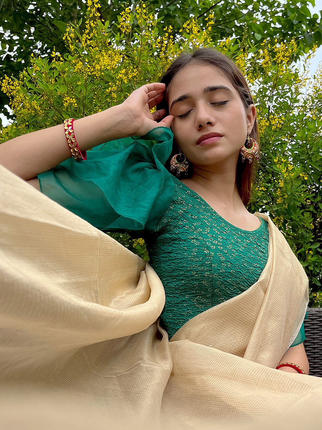 Bindigasm's Advi Foil Printed Frill Sleeves Saree Blouse