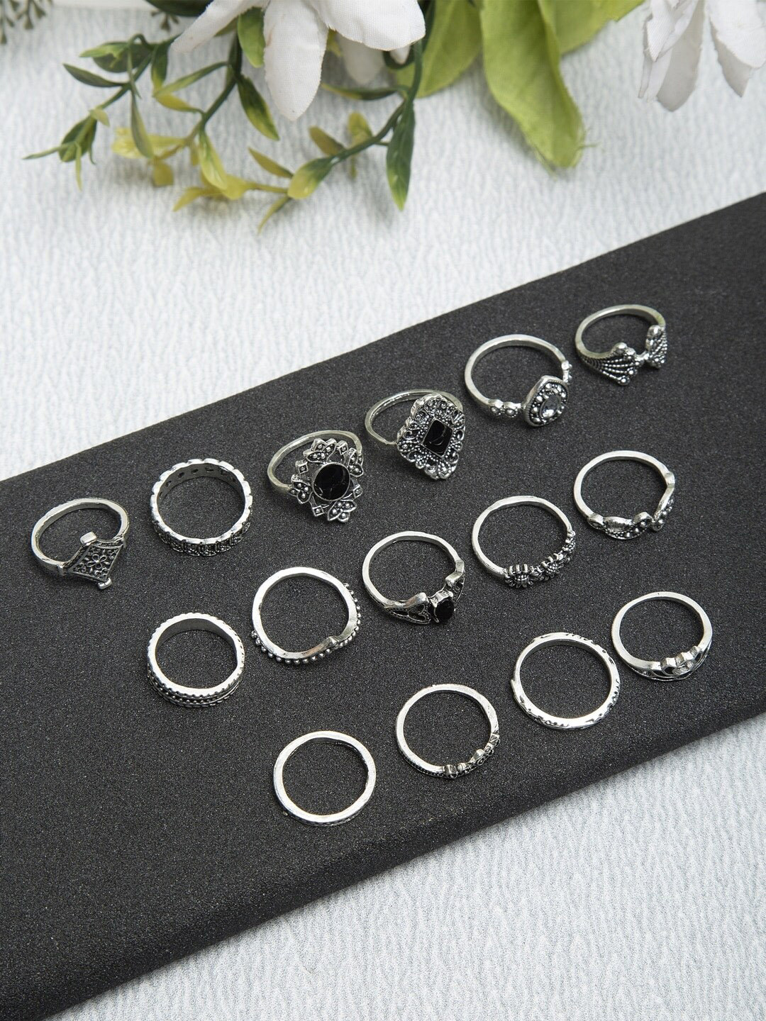 Sangria Women Set Of 15 Silver-Toned & Black Stone-Studded & Textured Detail Finger Rings
