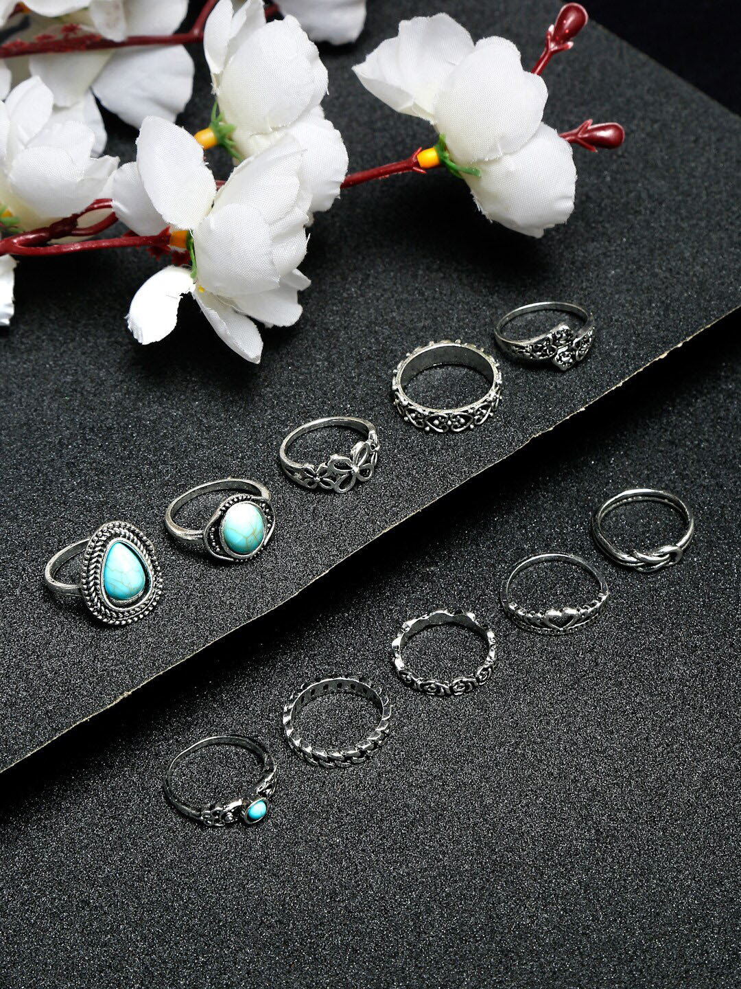 Sangria Set Of 10 Silver-Plated & Blue Stone-Studded Finger Rings