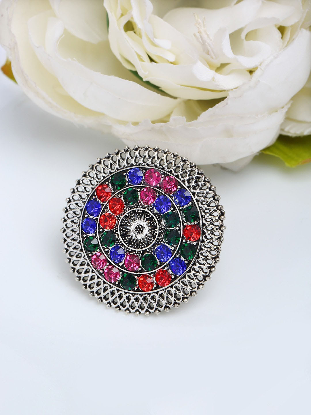 Sangria Silver-Plated Red & Blue Stone-Studded Adjustable Finger Ring