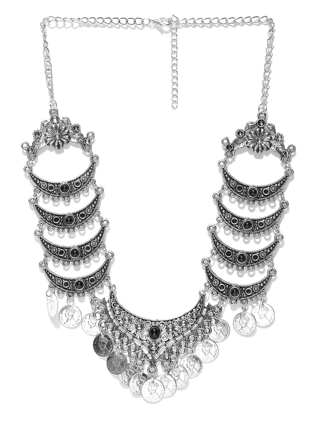 Sangria Silver-Plated Studded Contemporary Design Oxidised Statement Afghan Necklace
