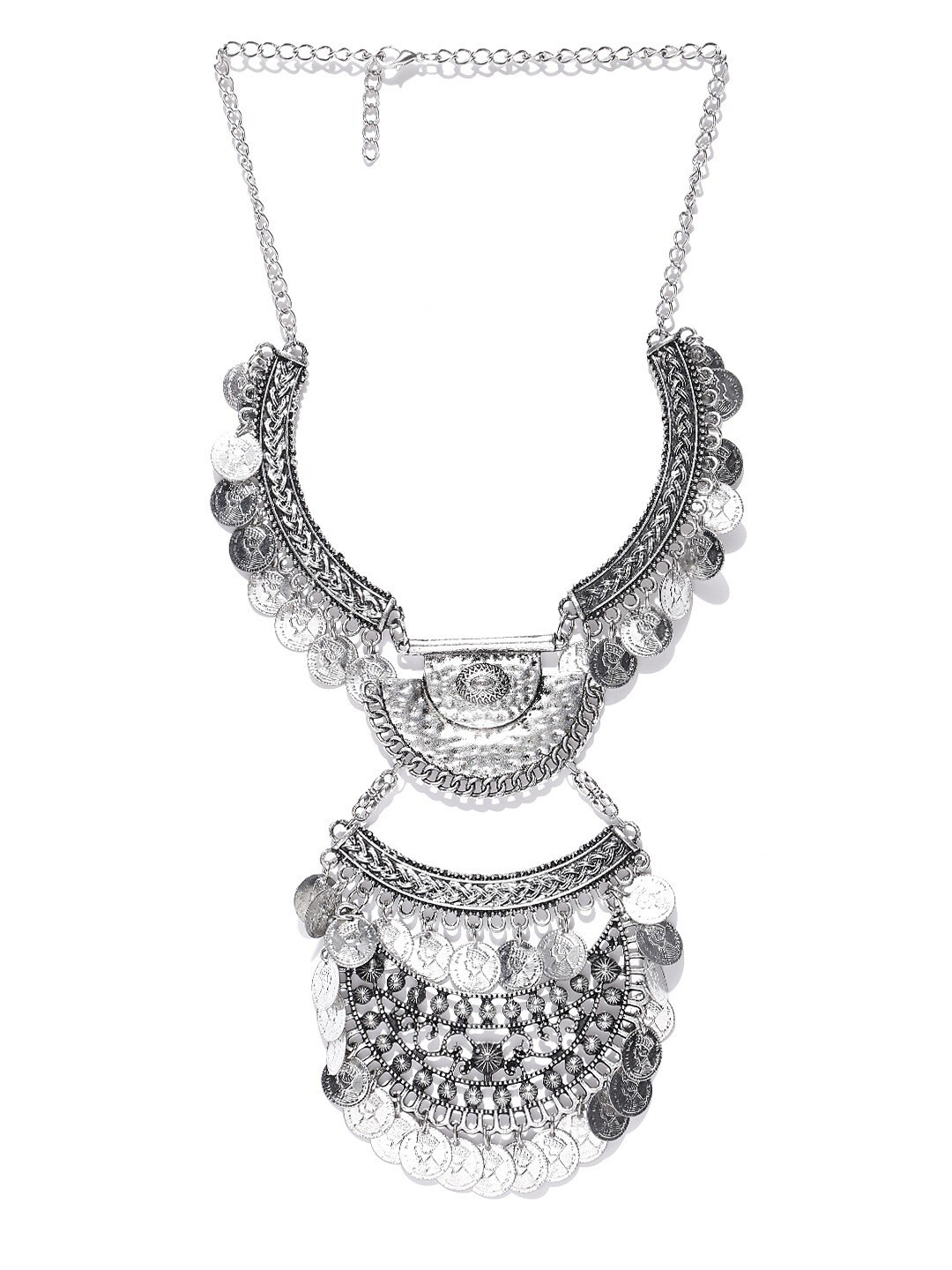 Sangria Silver-Plated Contemporary Design Oxidised Statement Afghan Necklace