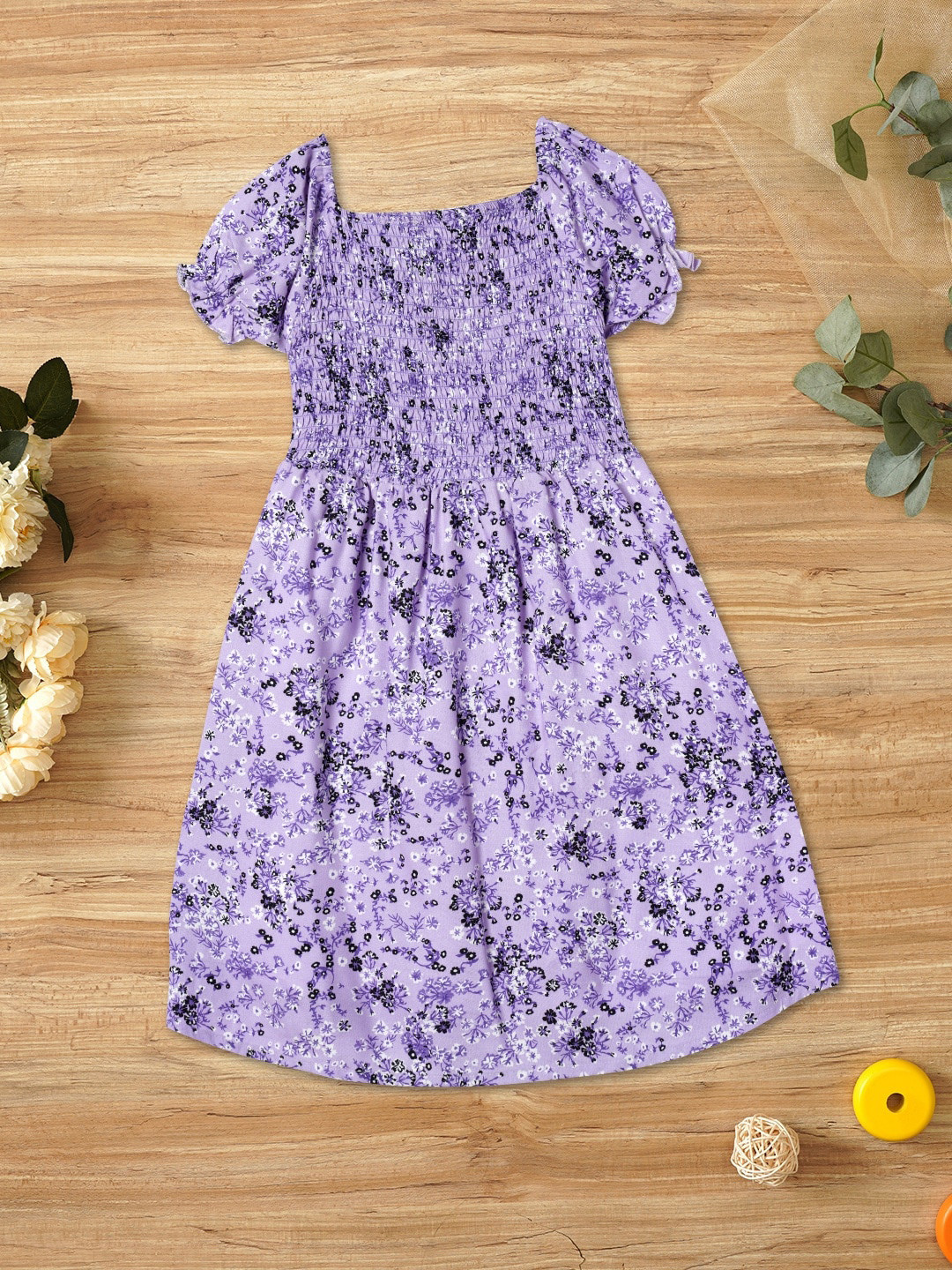 ZION Girls Floral Printed Square Neck Puffed Sleeves Smocking Fit & Flare Dress