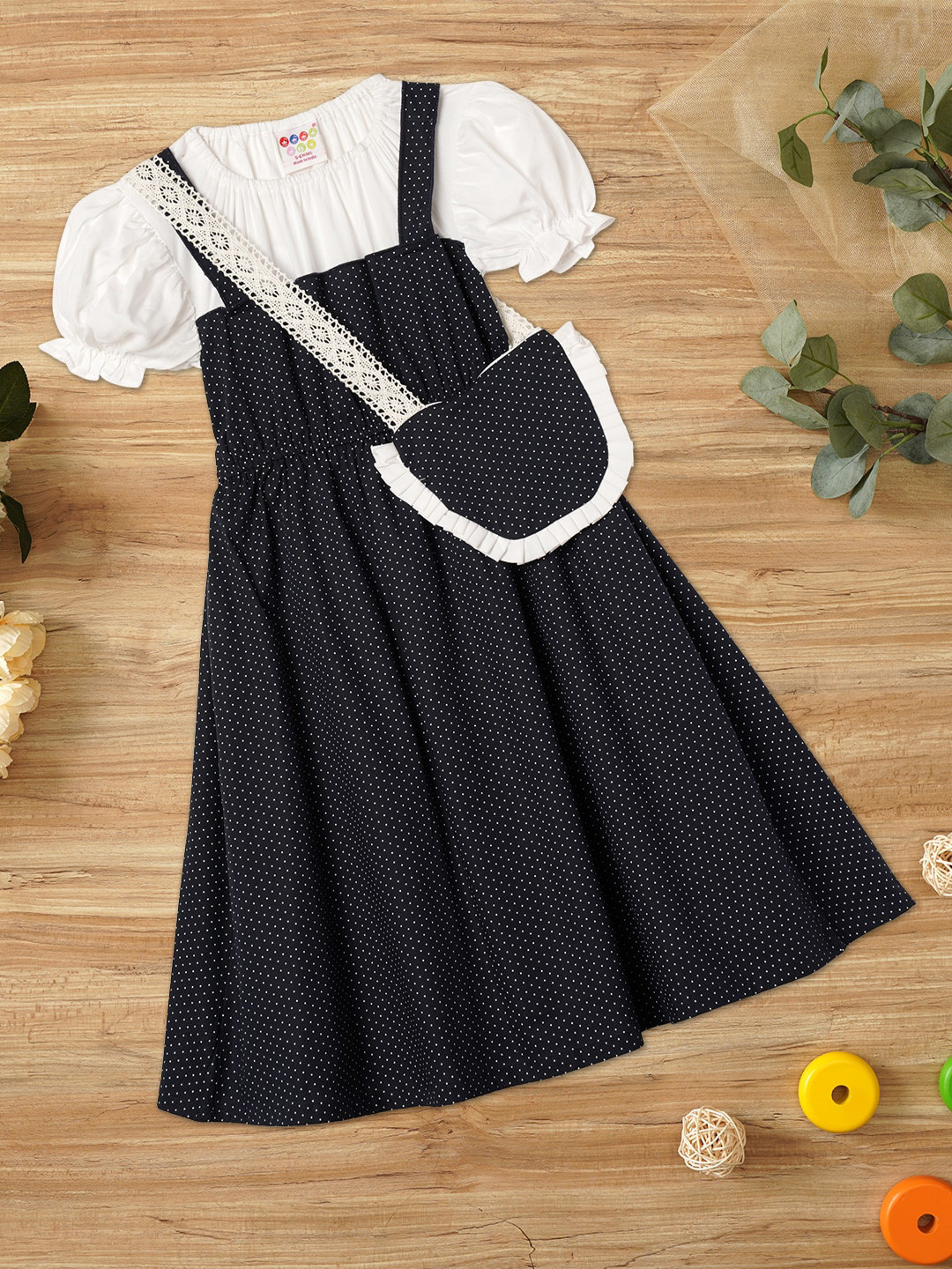 ZION Girls Polka Dot Printed Puffed Sleeves Cotton Pinafore Dress