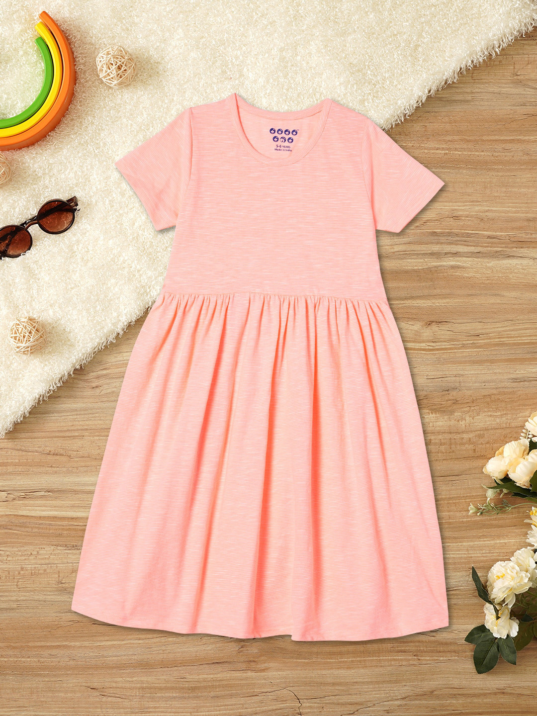 ZION Girls Round Neck Gathered And Pleated Cotton Fit & Flare Dress