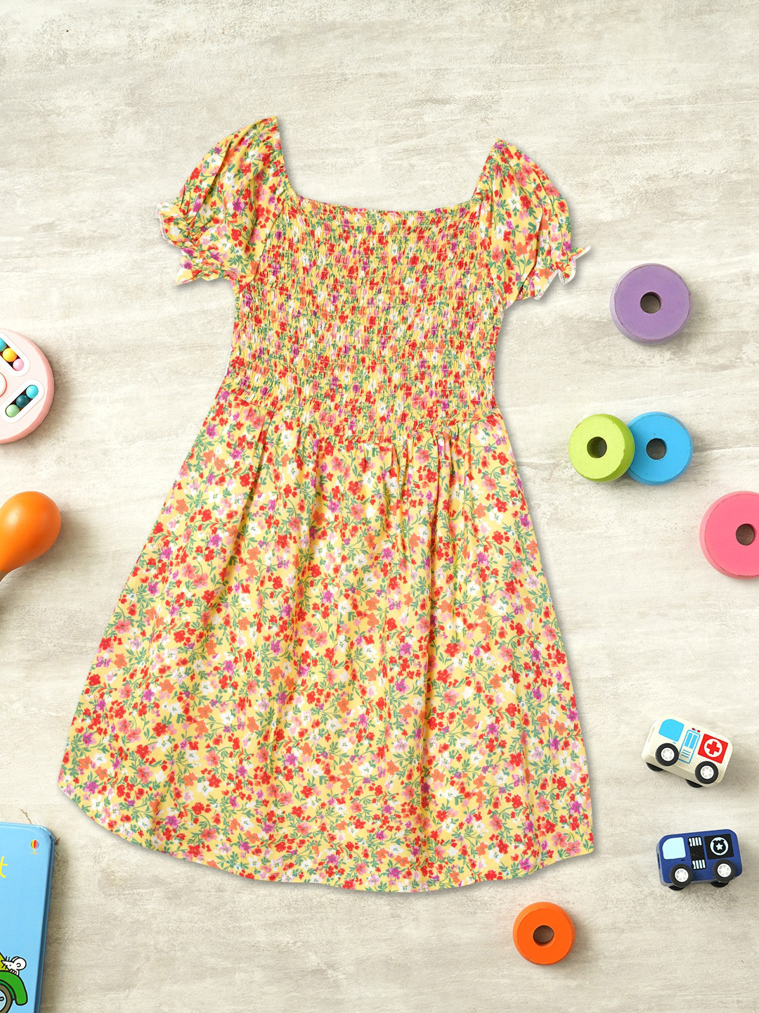 ZION Girls Floral Printed Square Neck Flutter Sleeves Smocking Fit & Flare Dress