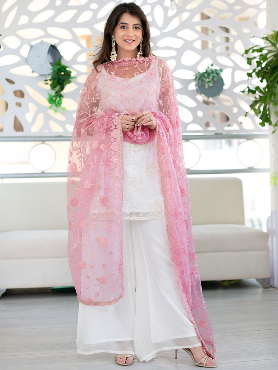Label Shaurya Sanadhya Women White Ethnic Motifs Embroidered Regular Thread Work Kurta with Palazzos & With