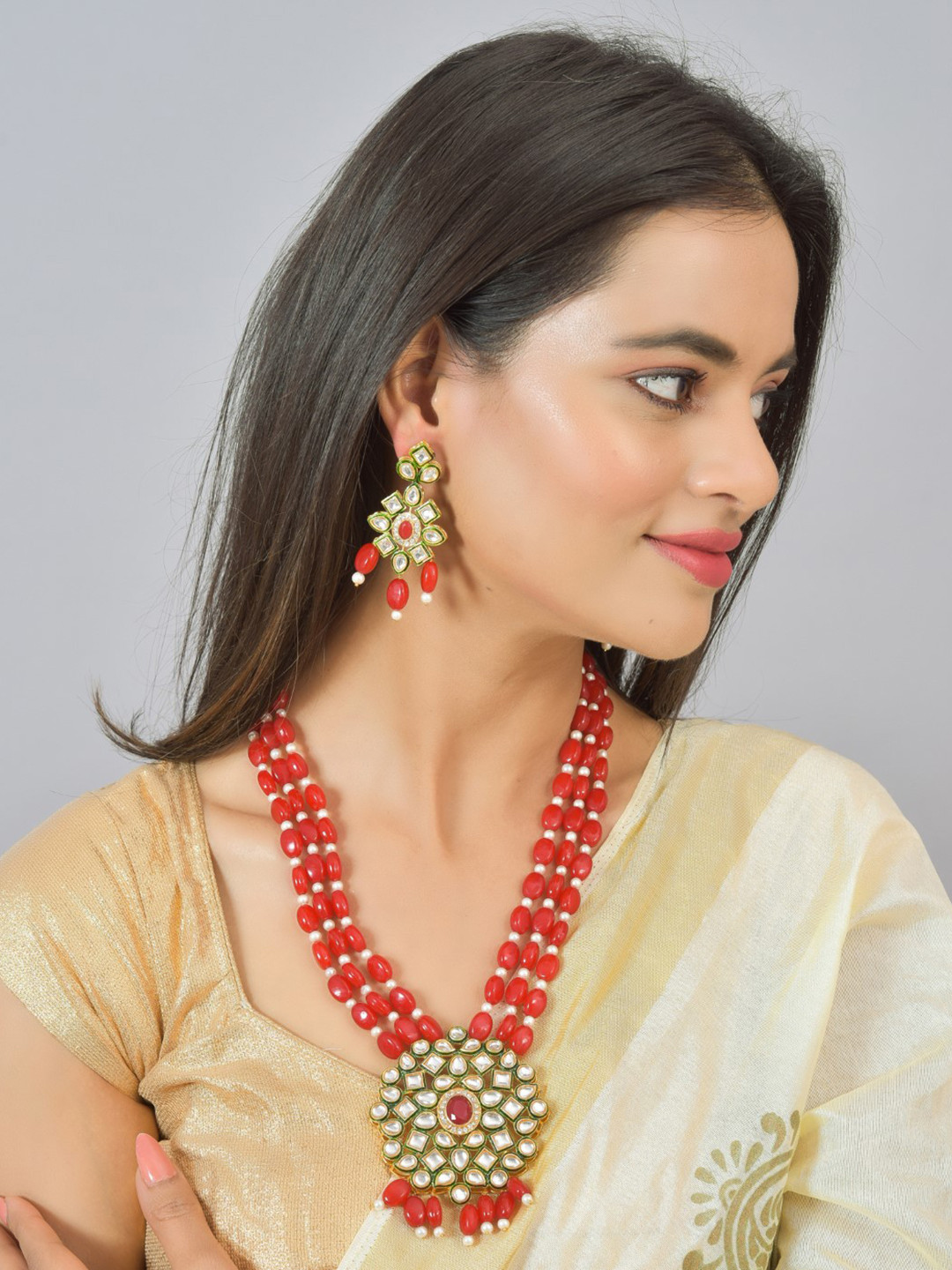 ROHINIKA Gold Plated & AD Beaded Rani Haar Jewellery Set