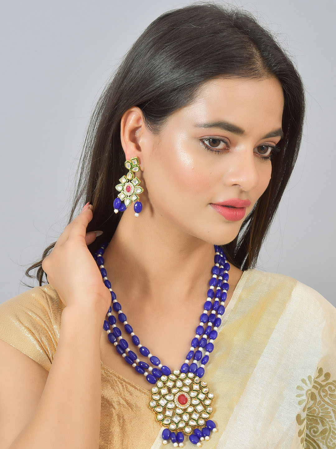 ROHINIKA Gold Plated & AD Beaded Rani Haar Jewellery Set