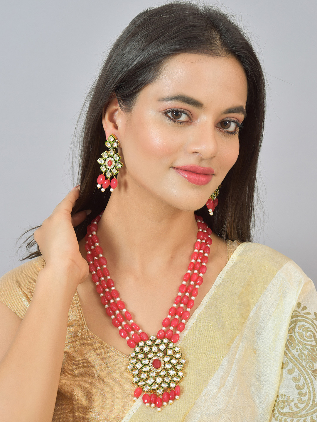 ROHINIKA Gold-Plated Kundan-Studded & AD Beaded Layered Jewellery Set