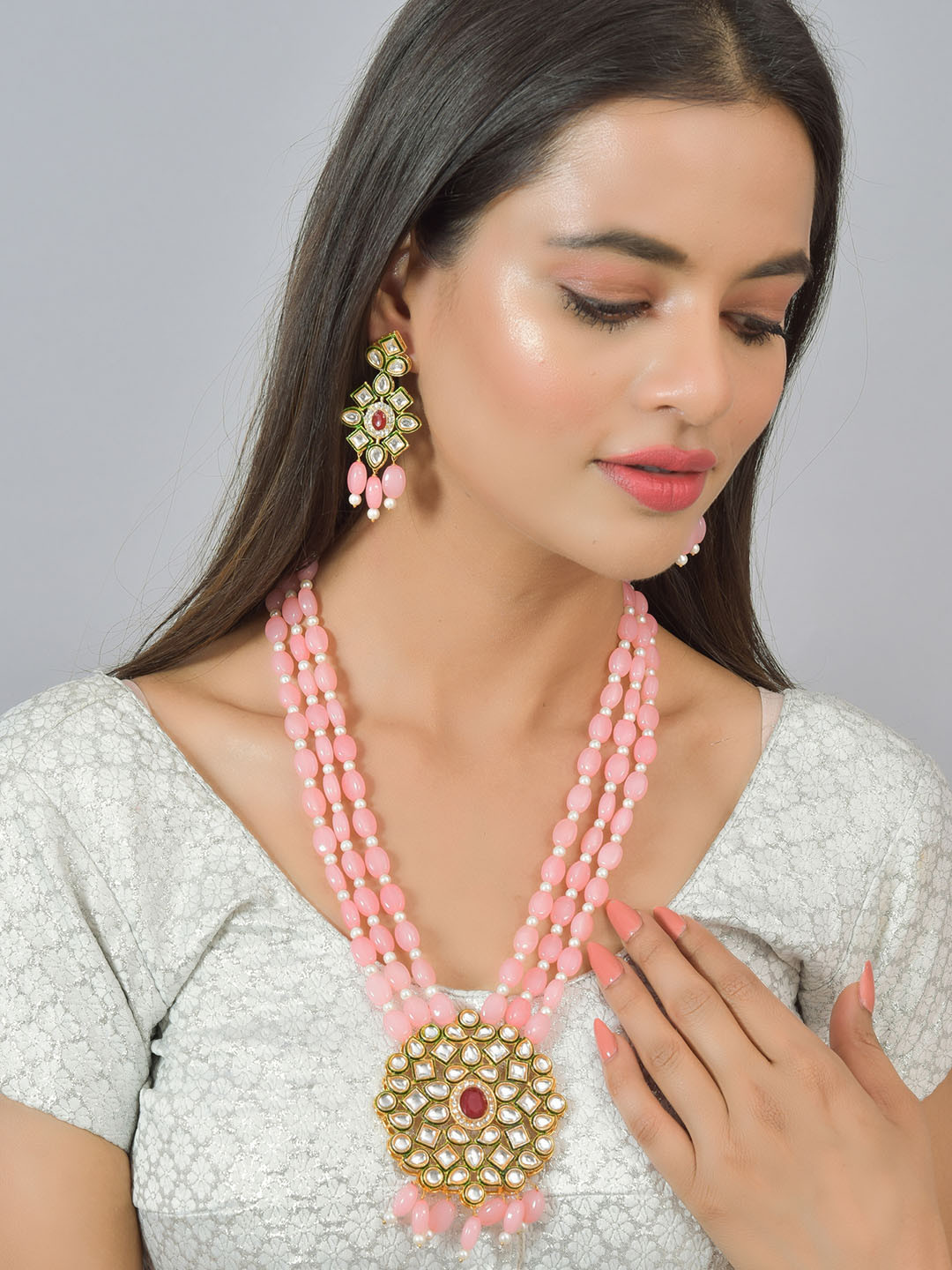 ROHINIKA Gold Plated Kundan-Studded & AD Beaded Rani Haar Jewellery Set