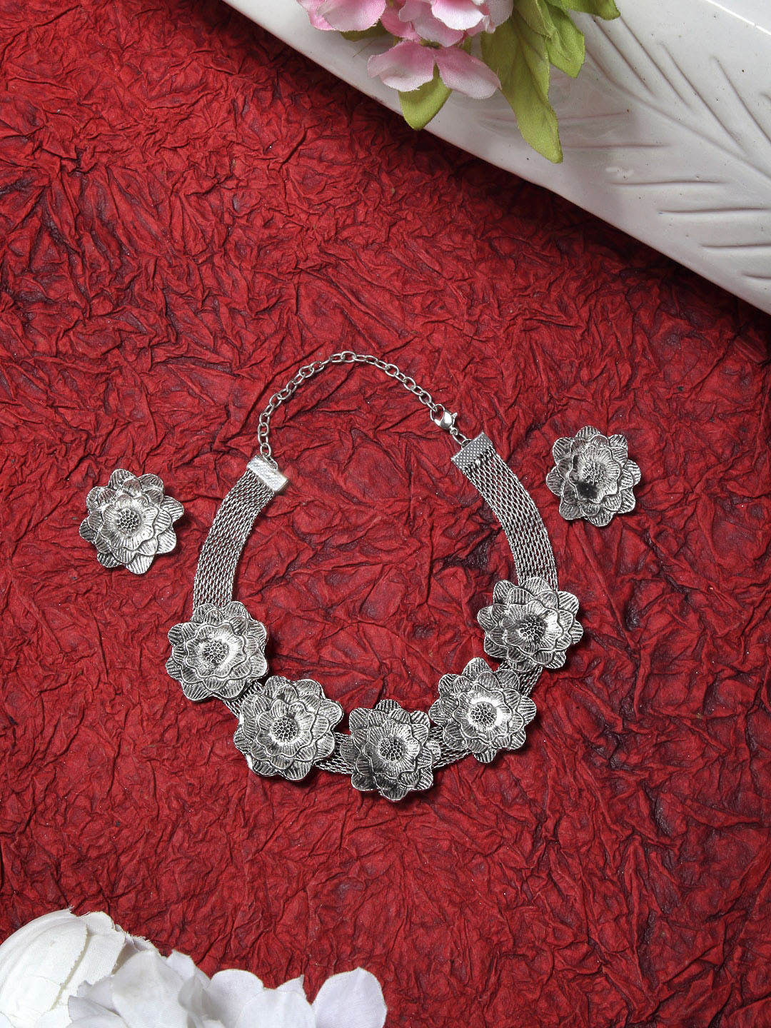 Sangria Intricate Silver-Toned Textured Oxidized Jewellery Set