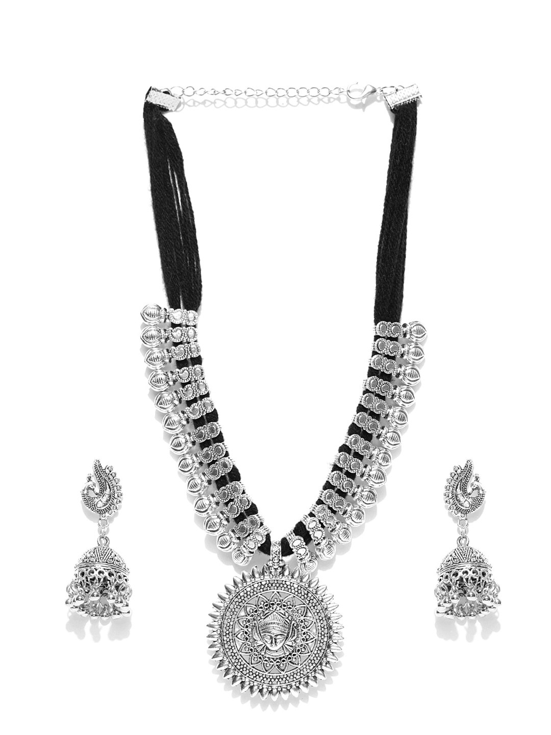 Sangria Silver-Toned & Black Silver-Plated Jewellery Set