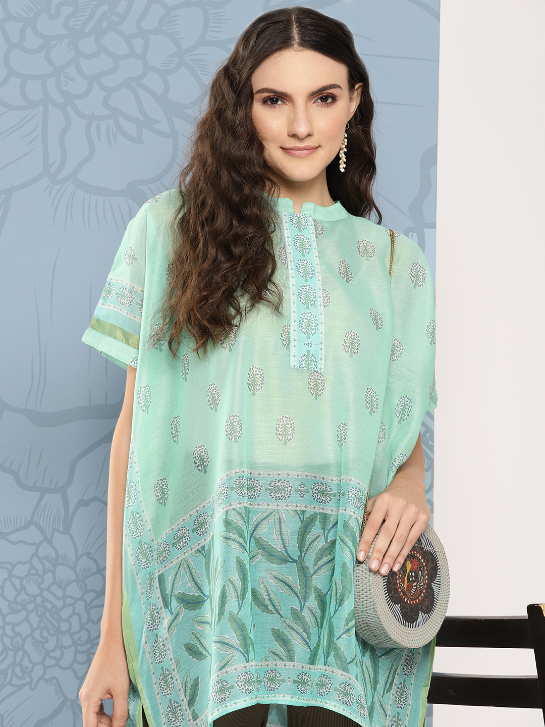 Yufta Printed Mandarin Collar Ethnic Chanderi Cotton Kaftan Longline Top