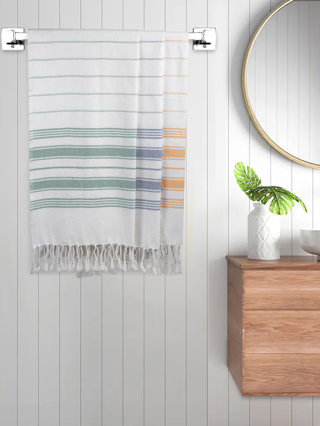 FABINALIV Set of 3 White & Blue Striped Printed 225 GSM Cotton Bath Towels