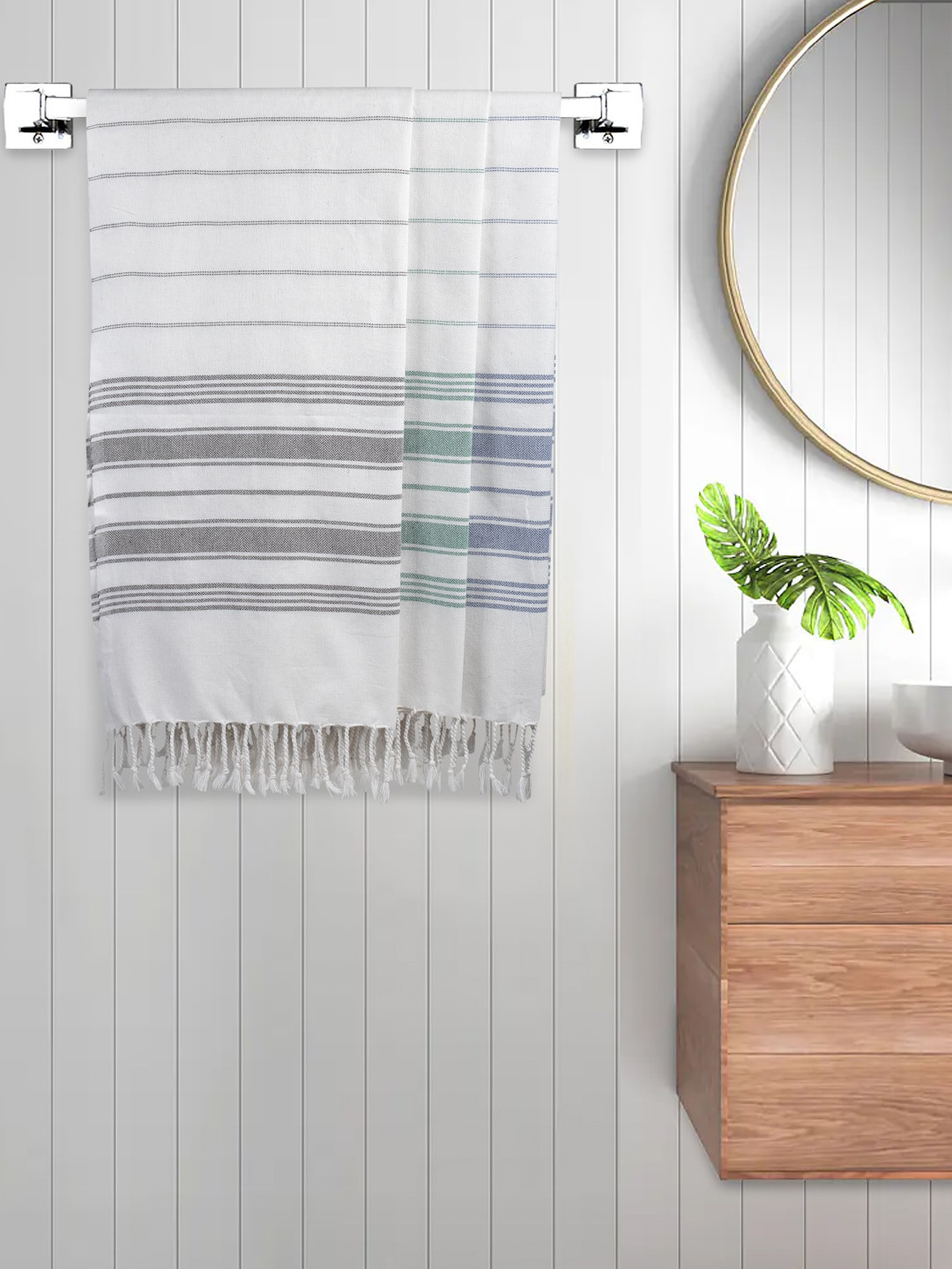 FABINALIV Set of 3 Grey & Green Striped Printed 225 GSM Cotton Bath Towels