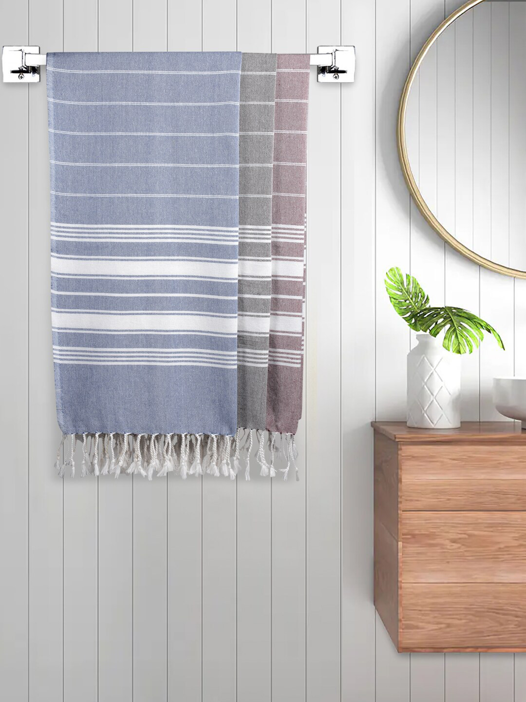 FABINALIV Set of 3 Blue & Grey Striped Printed 225 GSM Cotton Bath Towels