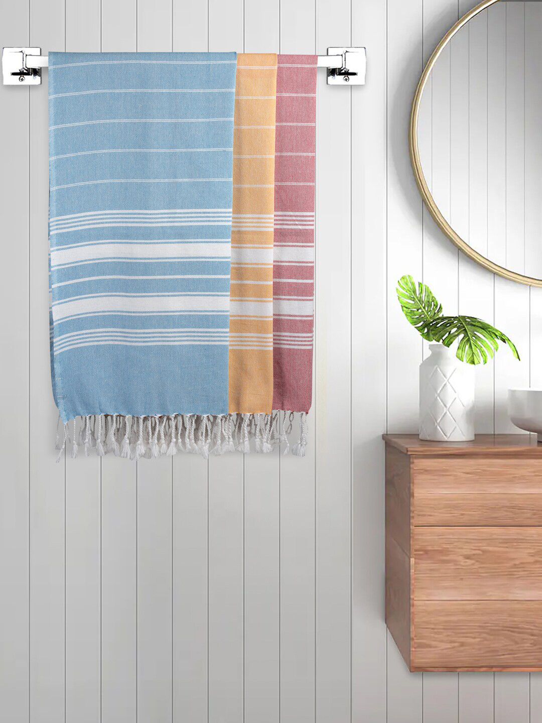 FABINALIV Set Of 3 Red & Blue Striped Printed 225 GSM Cotton Bath Towels