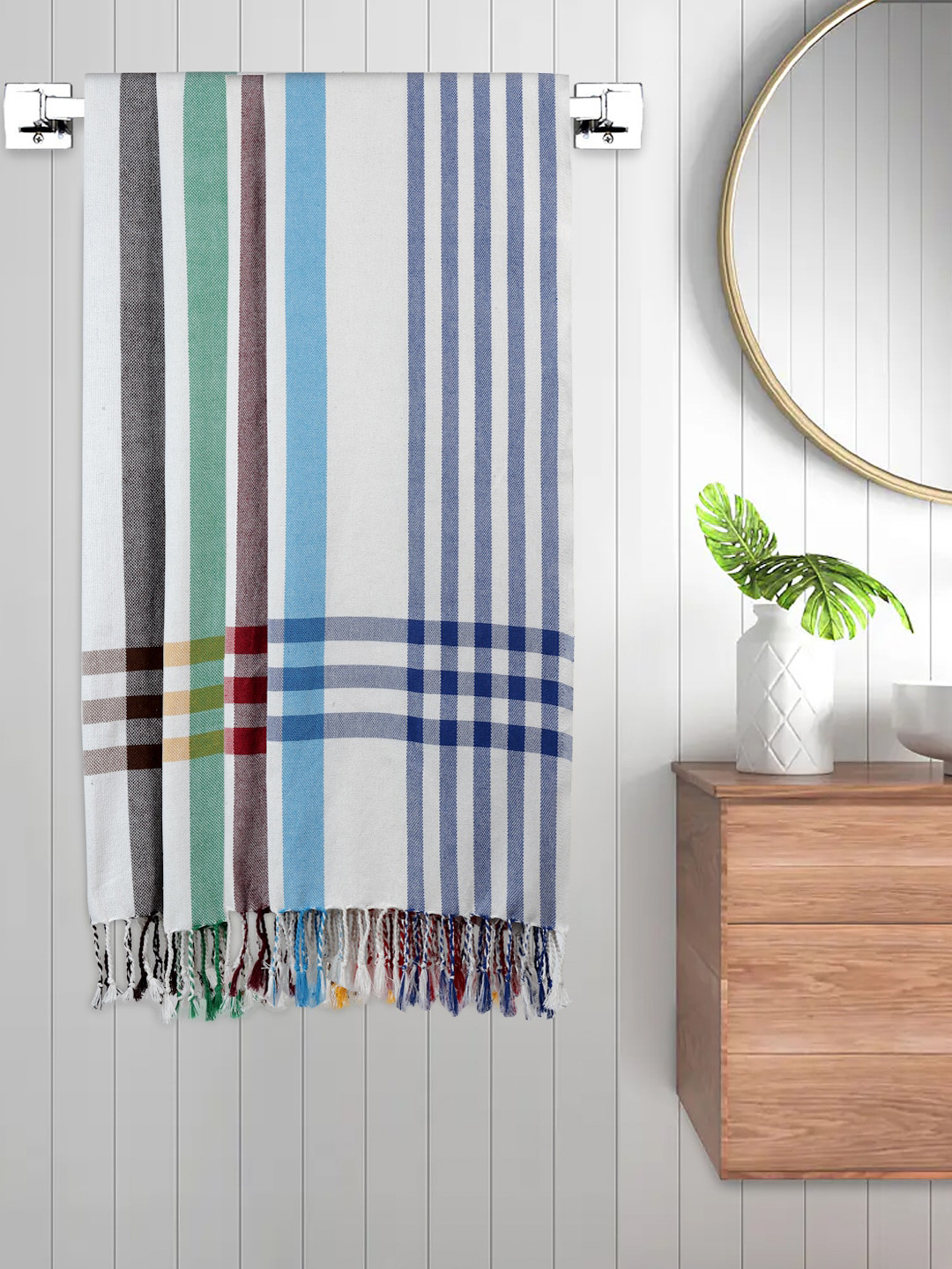 FABINALIV Set of 4 White & Brown Striped Printed 225 GSM Cotton Bath Towels