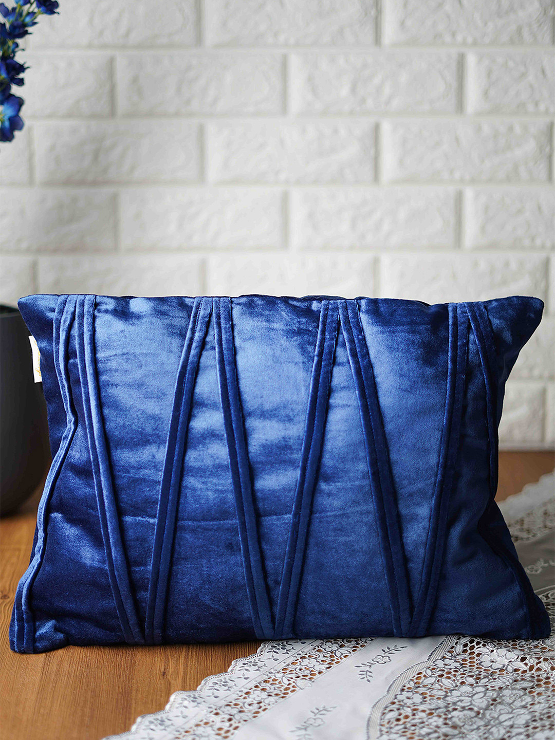 Folkstorys Blue Self Design Velvet Durable Patchwork Rectangle Cushion Cover -12x18In