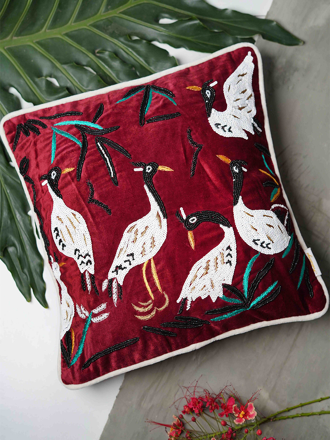 Folkstorys Maroon Embellished Polyester Silk Handcrafted Square Cushion Cover -16x16In