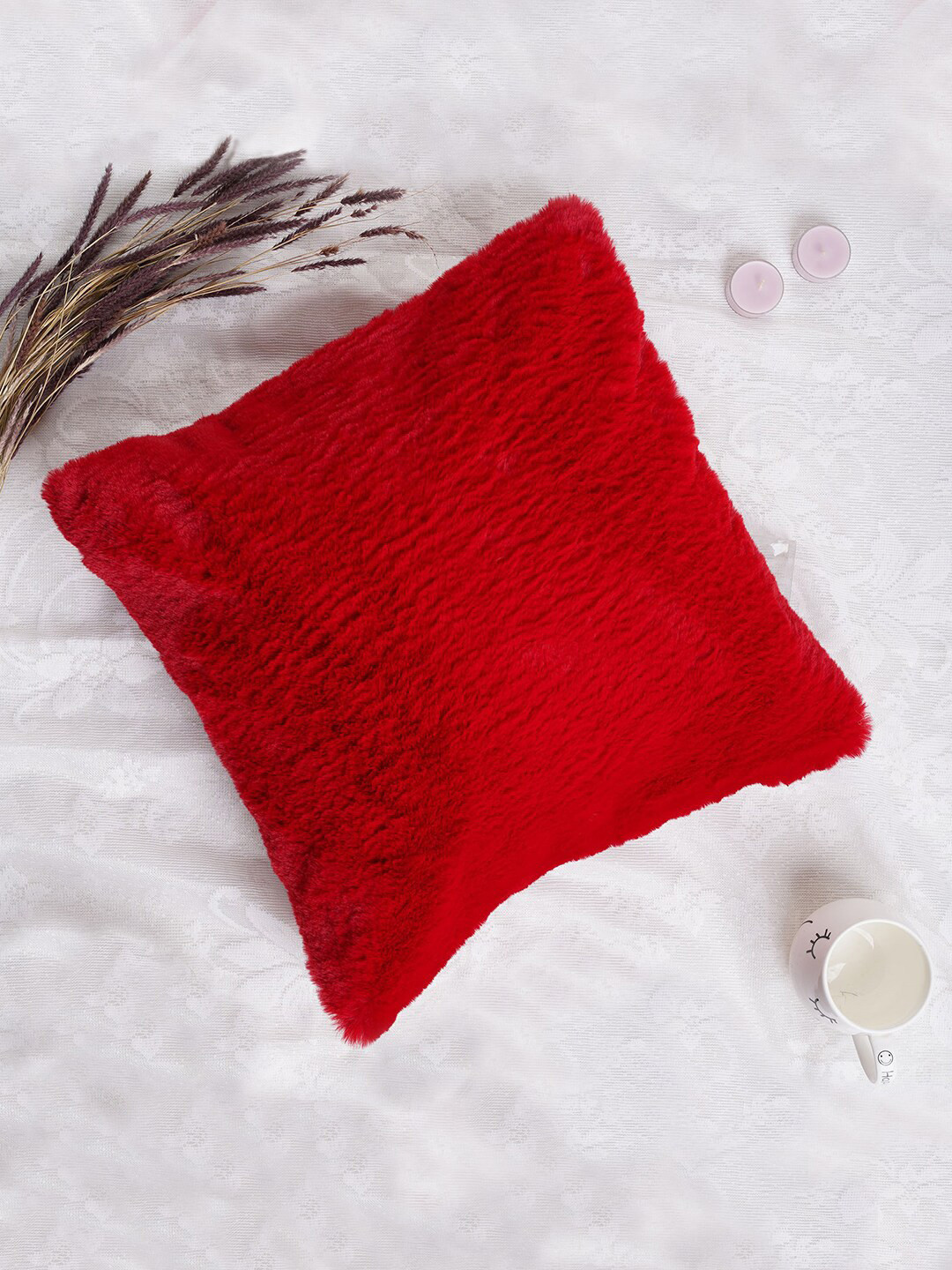 Folkstorys Scarlet Red Faux Fur Square Cushion Covers