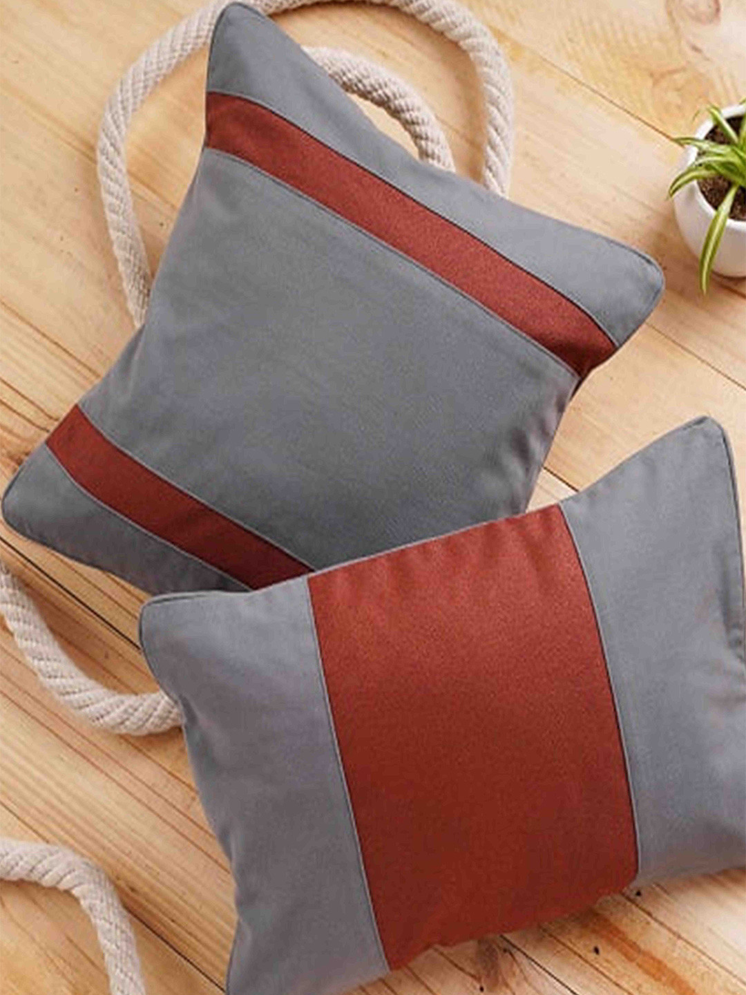 Folkstorys Cinnamon Grey & Orange 2 Pieces Colourblocked Rectangle Cotton Cushion Covers