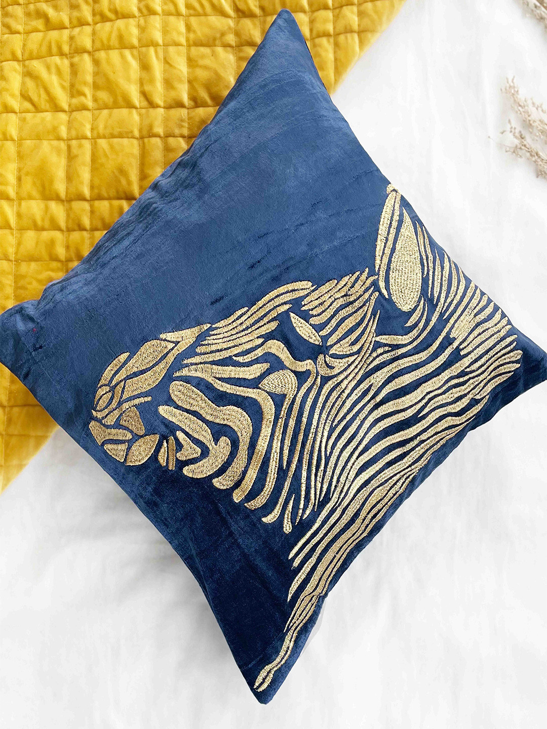 Folkstorys Blue Abstract Velvet Durable Embroidered Square Cushion Cover -16x16In