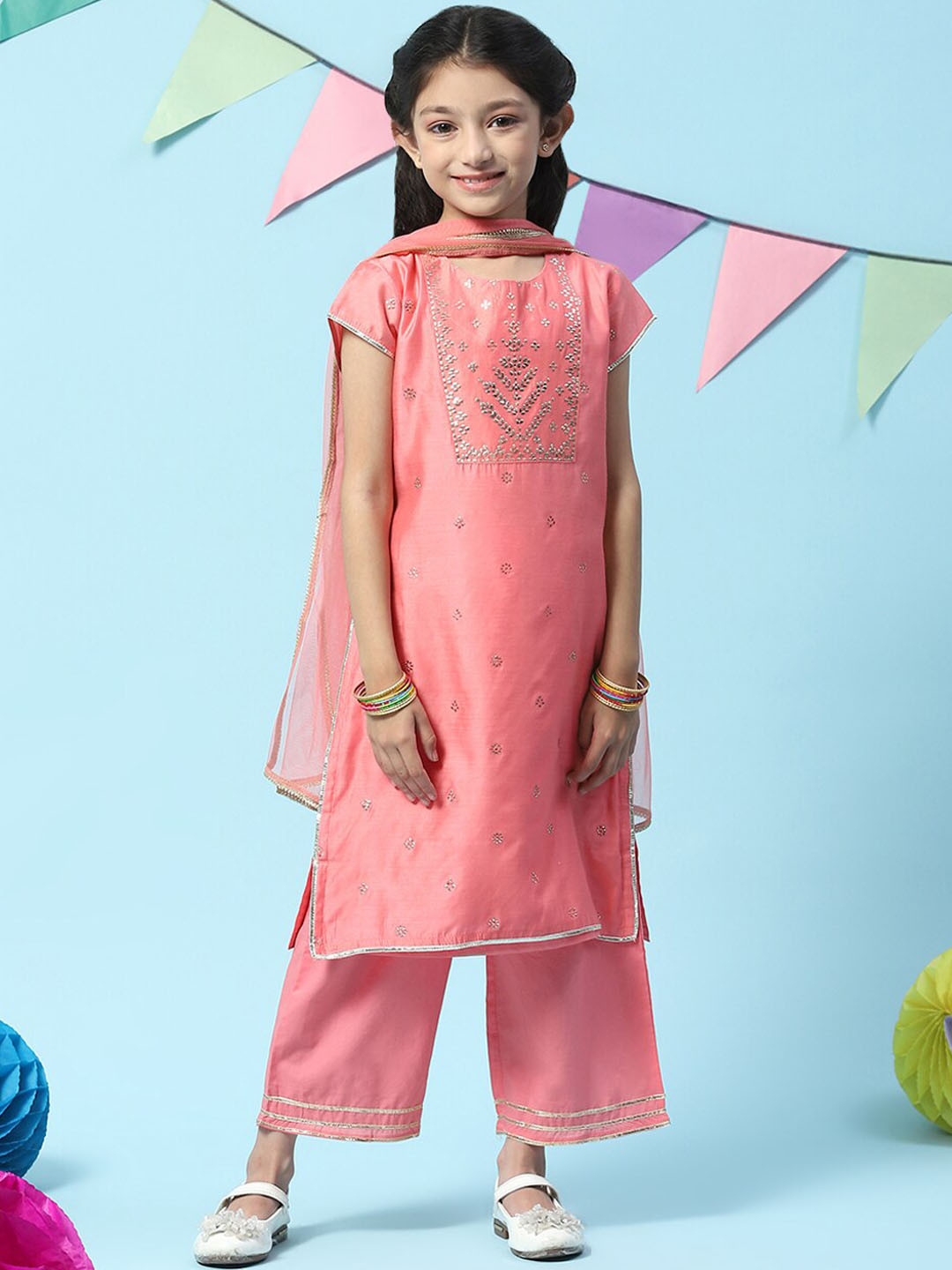 Biba Girls Beads and Stones Kurta With Palazzos & With Dupatta