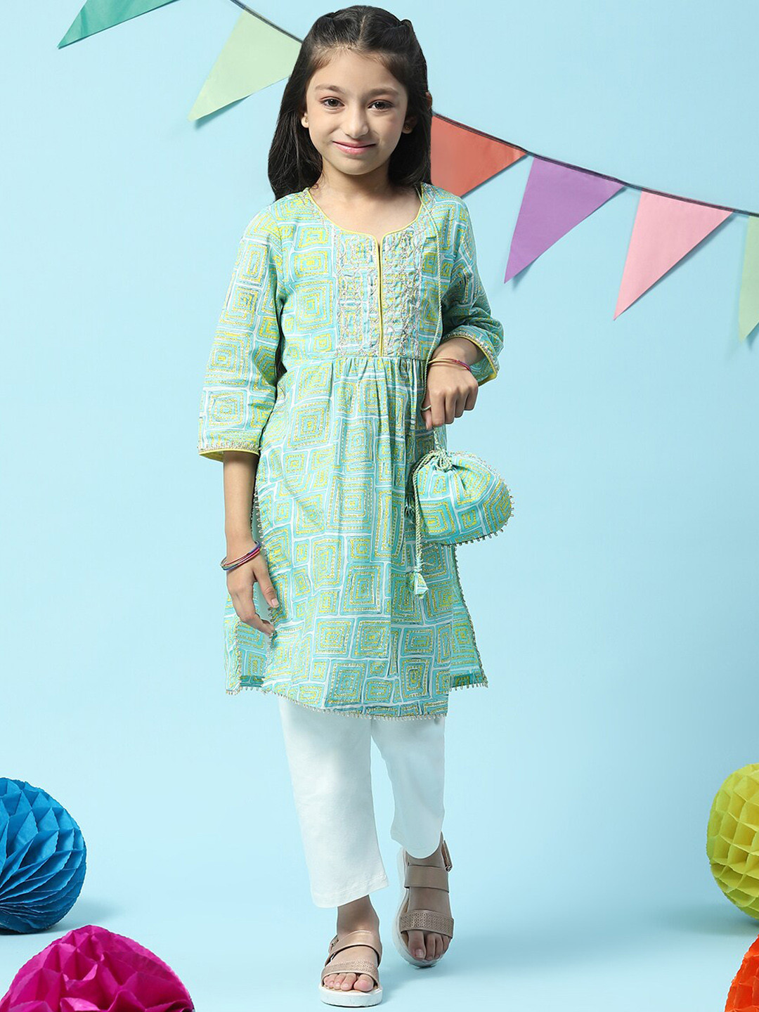 Biba Girls Geometric Printed Thread Work Pleated Kurta With Trousers